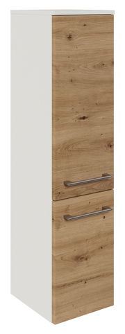 Midischrank mit Holzoptik und zwei Griffen, seitliche Perspektive