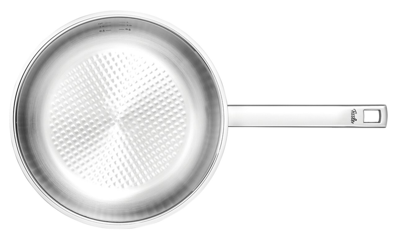 Pfanne aus Edelstahl, Draufsicht, mit strukturiertem Boden und langem Griff, Fissler ORIGINAL-PROFI COLLECTION 2, 24 cm