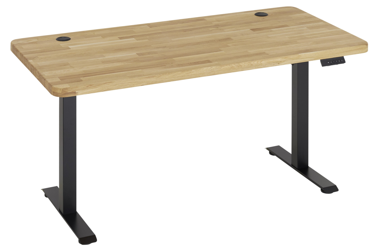 Moderner E-Schreibtisch mit Holzplatte und schwarzen Metallbeinen, seitliche Perspektive