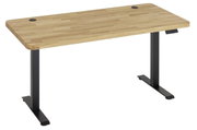Moderner E-Schreibtisch mit Holzplatte und schwarzen Metallbeinen, seitliche Perspektive