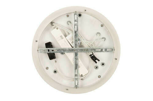 Rückansicht einer runden LED-Deckenleuchte mit sichtbarer Verkabelung und Halterung.