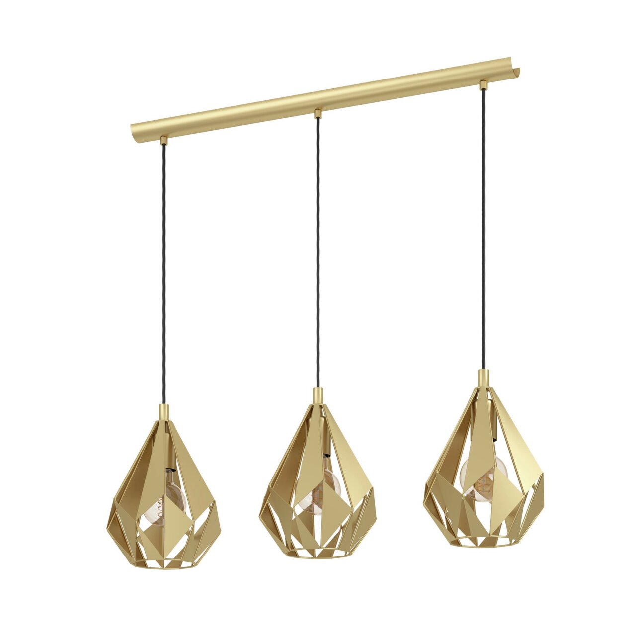 Dreiflammige Pendelleuchte CARLTON in Gold mit geometrischem Design, seitliche Perspektive