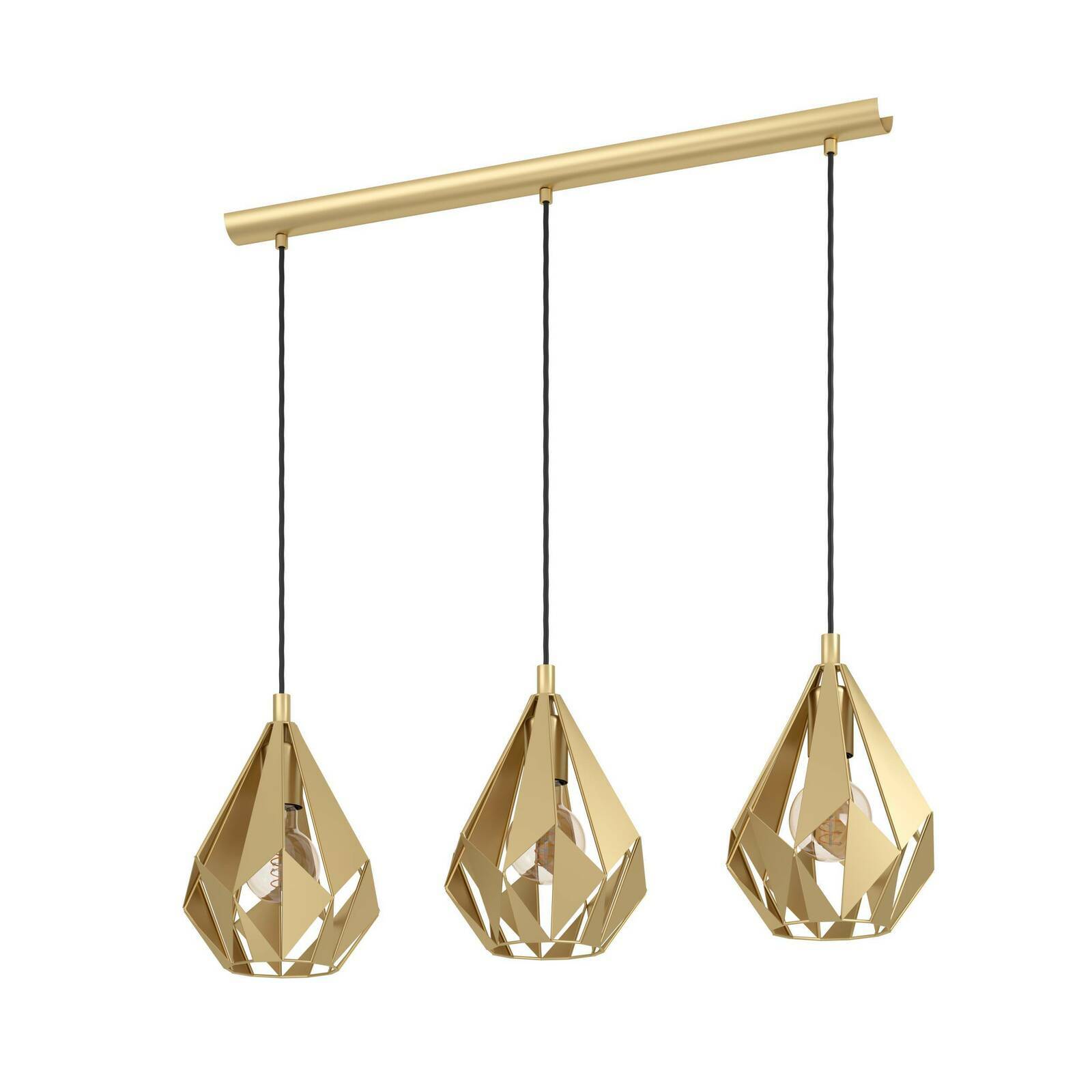 Dreiflammige Pendelleuchte CARLTON in Gold mit geometrischem Design, seitliche Perspektive