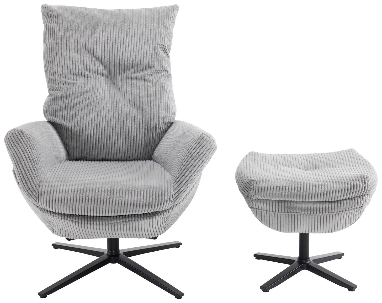 Grauer Cord-Sessel mit hoher Rückenlehne und passendem Hocker auf schwarzem Drehkreuzfuß, freigestellt in Frontansicht