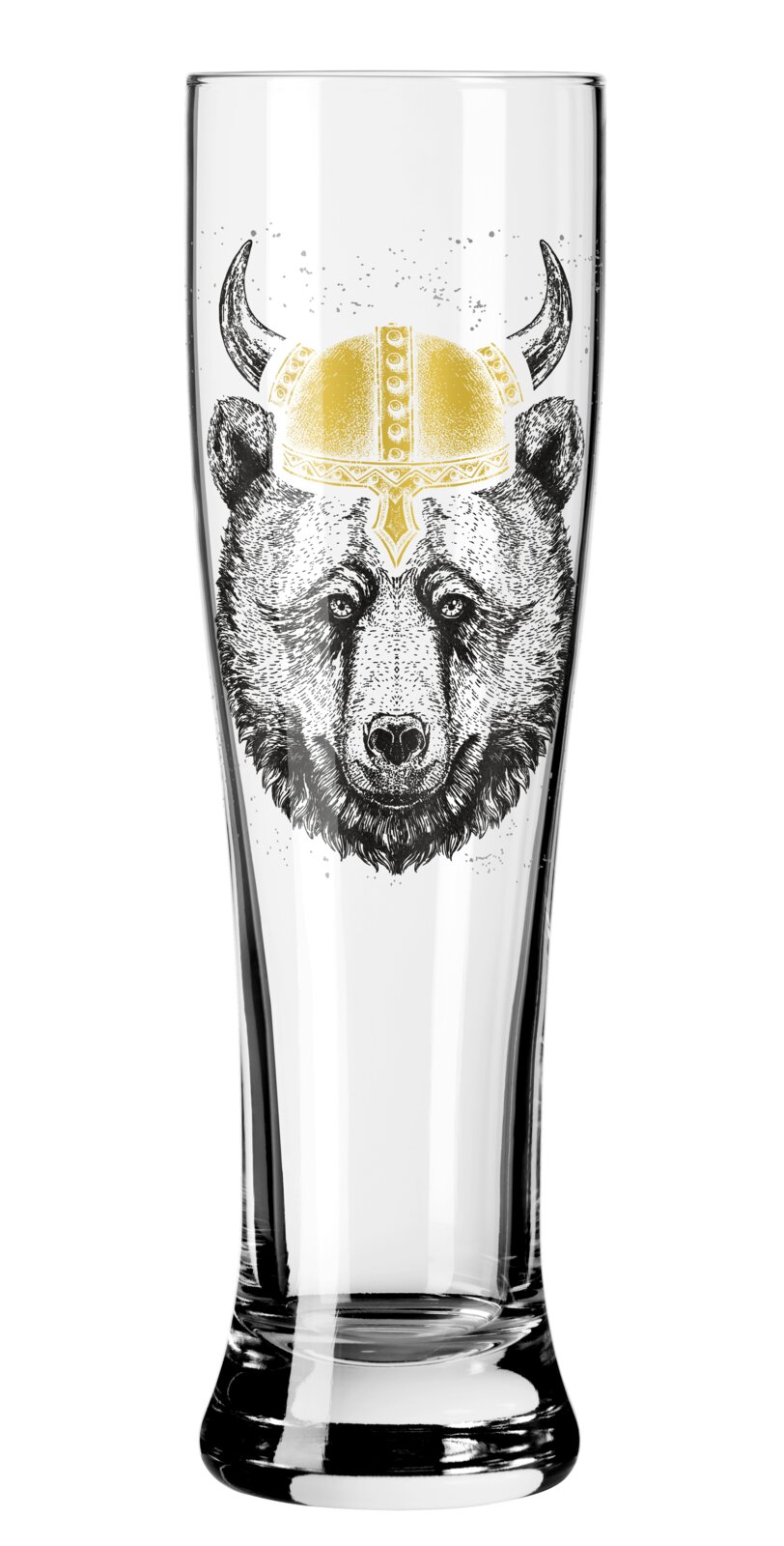 Transparant hoog bierglas met illustratie van een berenkop met gouden Vikinghelm en hoorns, frontale productfoto op witte achtergrond