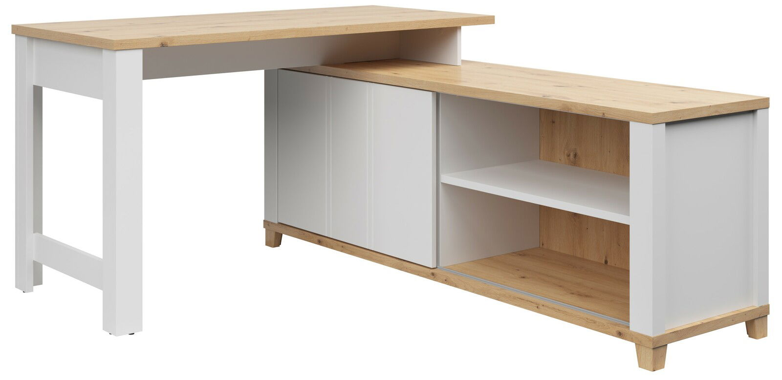 Weiße Kommode mit einer Tür und offenen Regalfächern, aus Holz und weißem Material, seitliche Perspektive