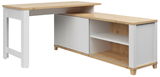 Weiße Kommode mit einer Tür und offenen Regalfächern, aus Holz und weißem Material, seitliche Perspektive