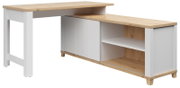 Weiße Kommode mit einer Tür und offenen Regalfächern, aus Holz und weißem Material, seitliche Perspektive