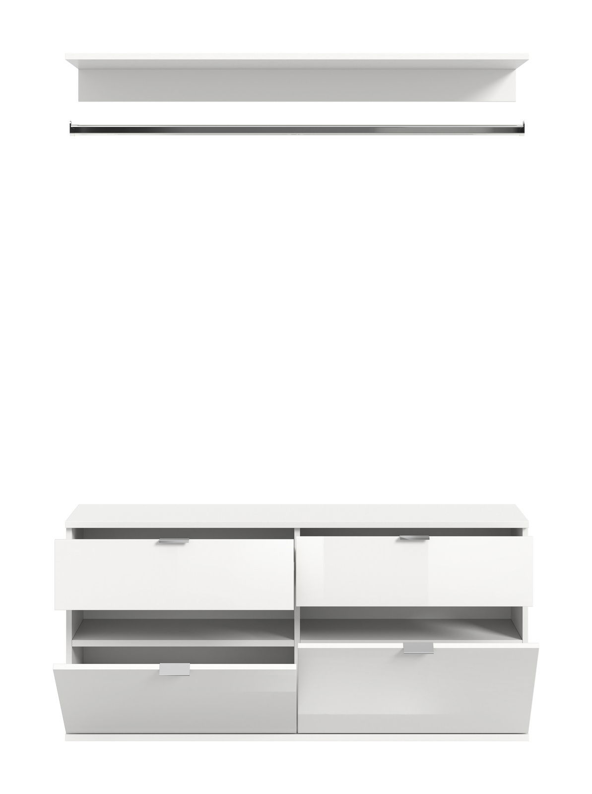 Weiße Kommode mit mehreren Schubladen, teilweise geöffnet, aus frontaler Perspektive.