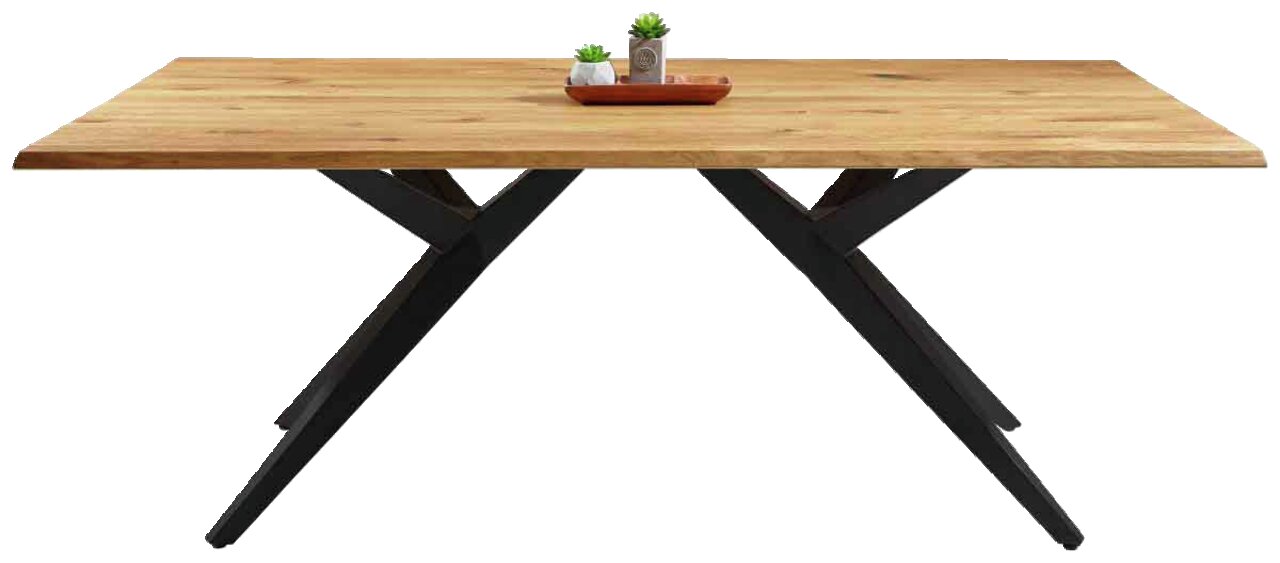 Moderner Esstisch mit Holzplatte und schwarzen Metallbeinen, seitliche Perspektive