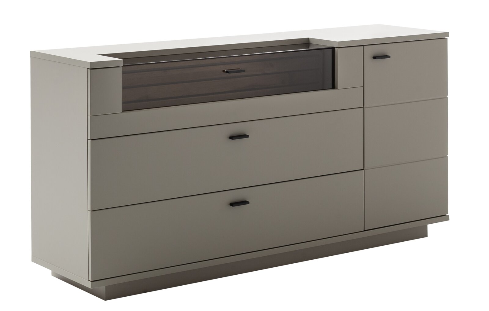 Zurbrüggen Dressoir LÜTTICH Moderne ladekast/dressoir in grijs met drie brede lades, een klein vak met deurtje aan de rechterkant en een donker getint glazen of houten accent aan de bovenkant, zwarte handgrepen, schuin vooraanzicht
