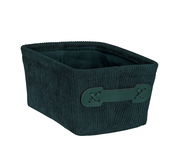 Dunkelgrüner Badkorb Anela mini, rechteckig mit Griff, aus geripptem Stoff, seitliche Perspektive