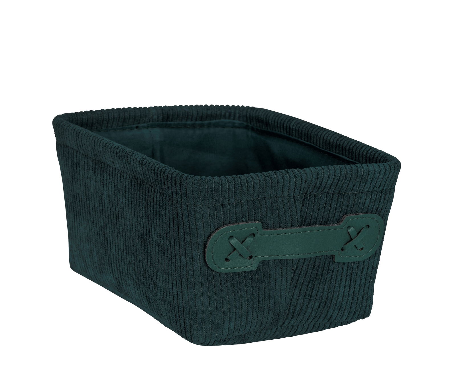 Dunkelgrüner Badkorb Anela mini, rechteckig mit Griff, aus geripptem Stoff, seitliche Perspektive