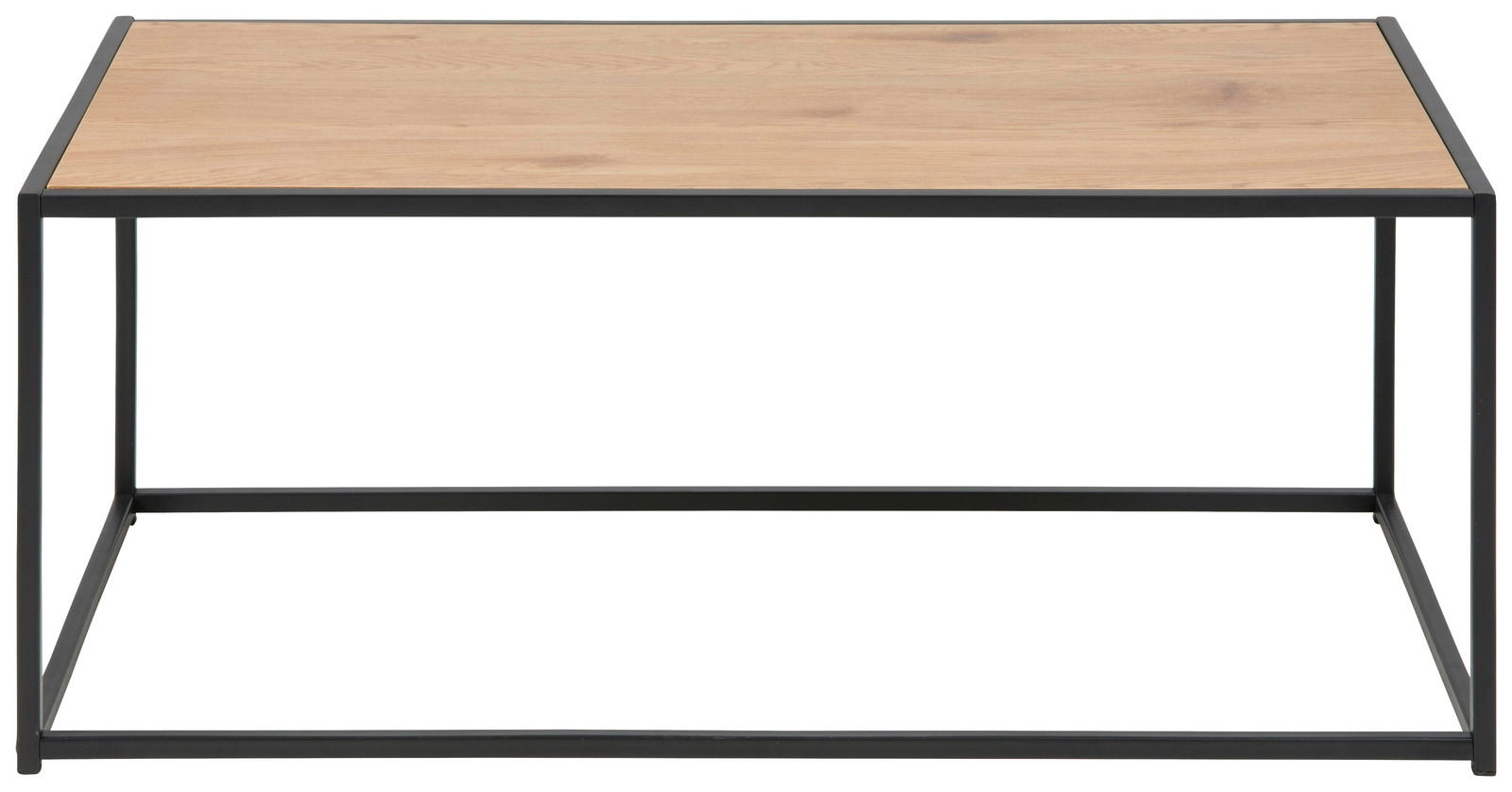 Moderner Beistelltisch mit Holzplatte und schwarzem Metallrahmen, Frontalansicht