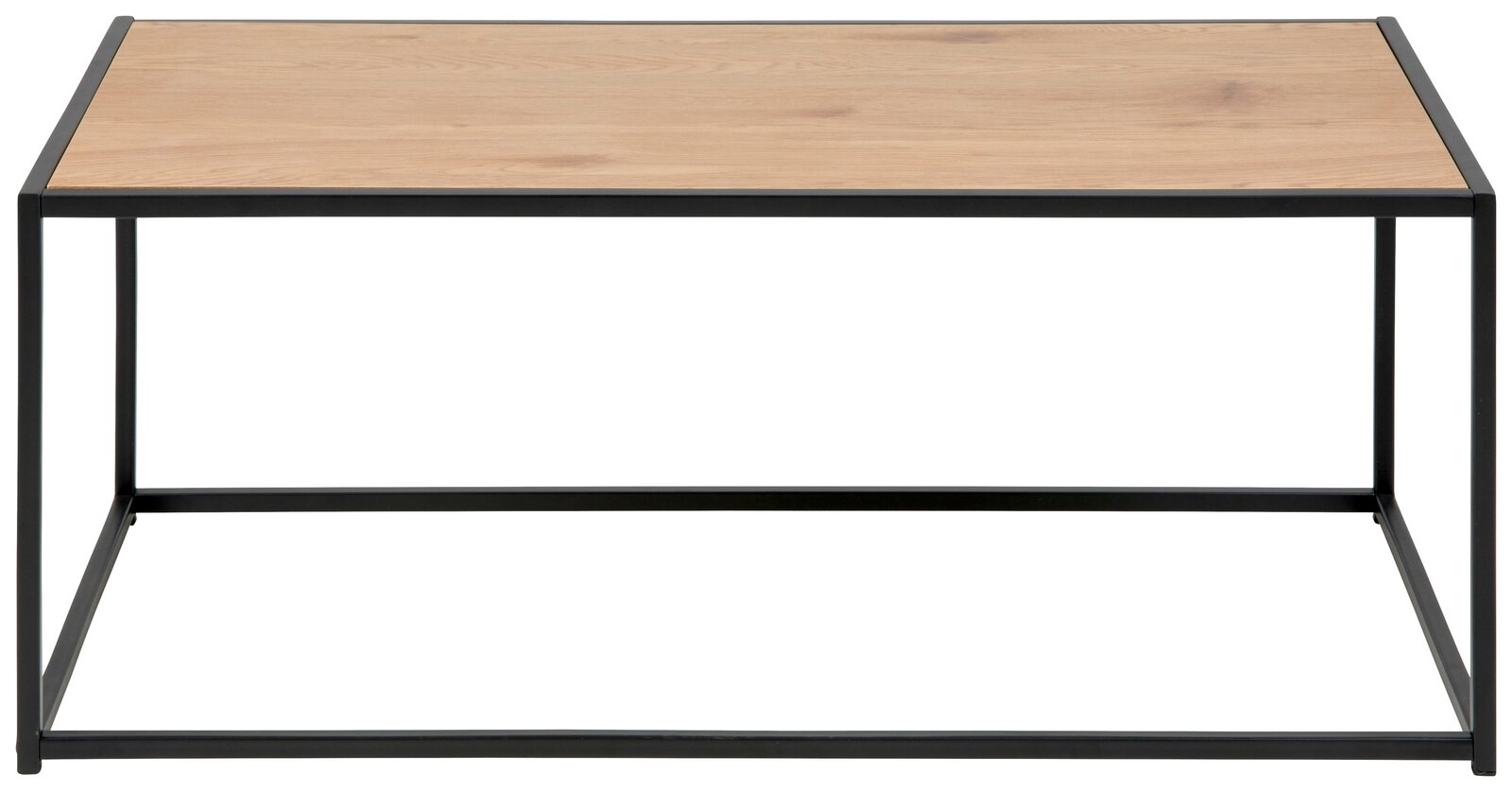 Moderner Beistelltisch mit Holzplatte und schwarzem Metallrahmen, Frontalansicht