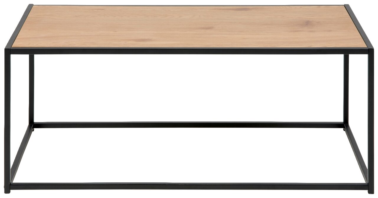 Moderner Beistelltisch mit Holzplatte und schwarzem Metallrahmen, Frontalansicht