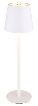 Weiße Akku-Tischleuchte VANNIE, frontal abgebildet mit rundem Sockel und konischem Lampenschirm.