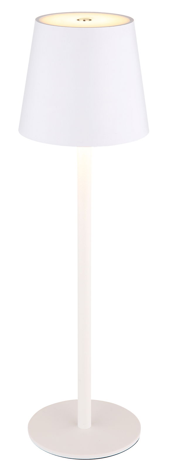 Weiße Akku-Tischleuchte VANNIE, frontal abgebildet mit rundem Sockel und konischem Lampenschirm.