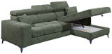Grünes Ecksofa mit verstellbaren Kopfstützen und Stauraum, Perspektive von vorne links