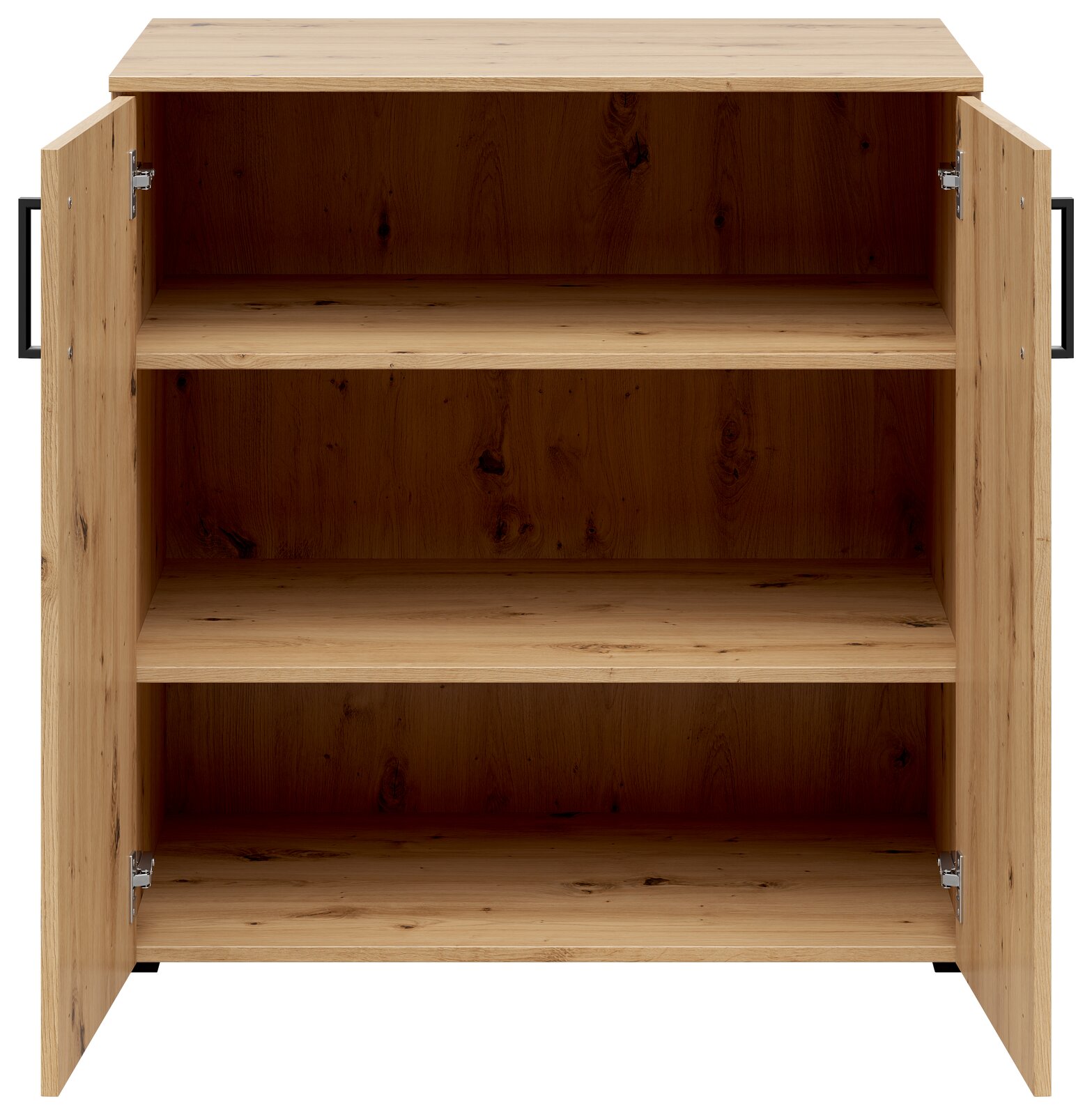 Kommode aus Holz mit geöffneter Frontansicht, zwei Türen und drei Regalböden.