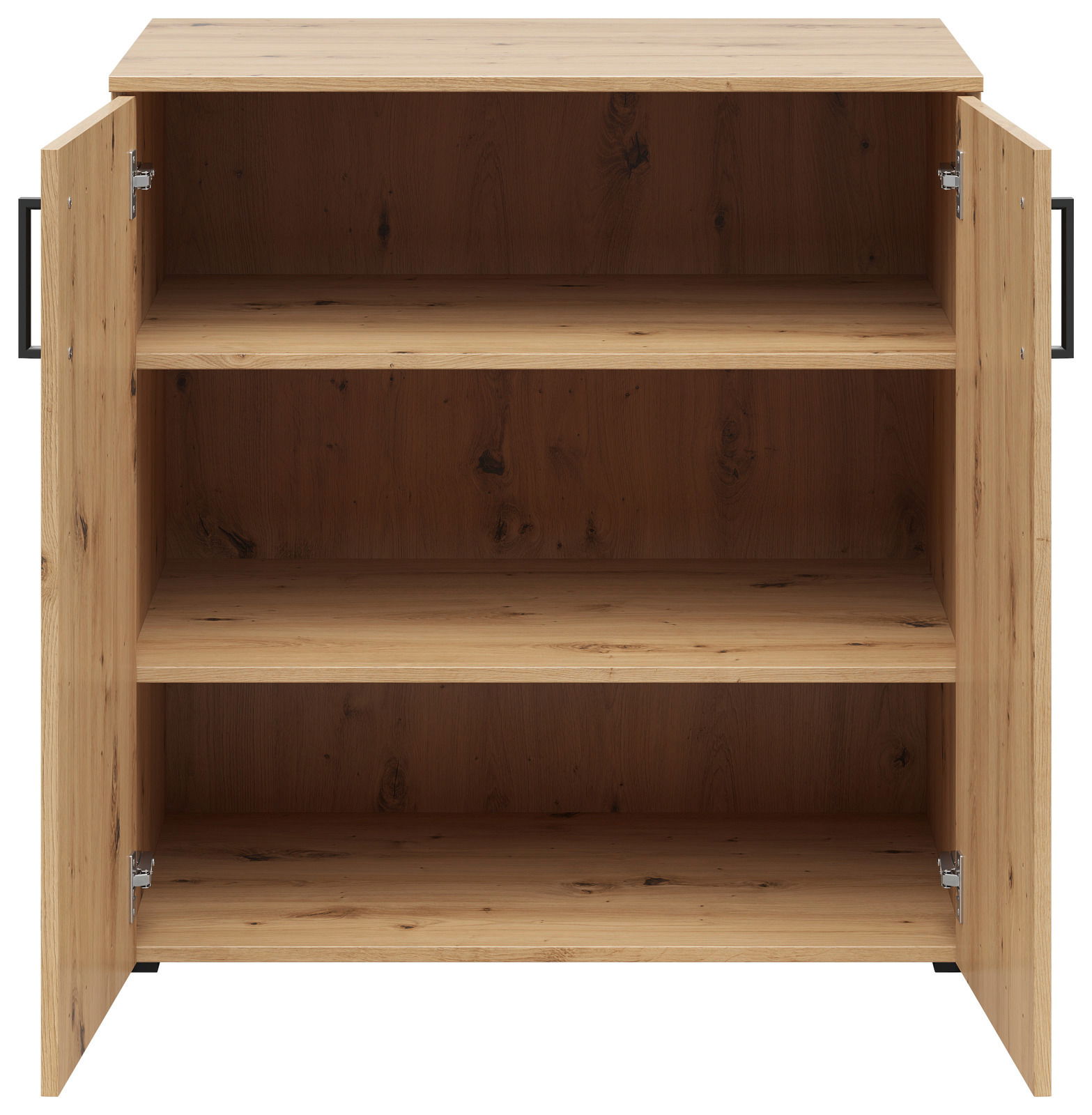 Kommode aus Holz mit geöffneter Frontansicht, zwei Türen und drei Regalböden.