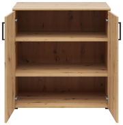 Kommode aus Holz mit geöffneter Frontansicht, zwei Türen und drei Regalböden.