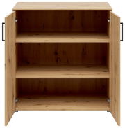 Kommode aus Holz mit geöffneter Frontansicht, zwei Türen und drei Regalböden.