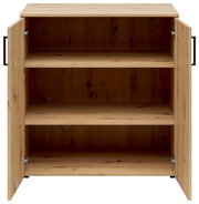 Kommode aus Holz mit geöffneter Frontansicht, zwei Türen und drei Regalböden.