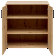 Houten ladekast met open voorkant, twee deuren en drie planken.