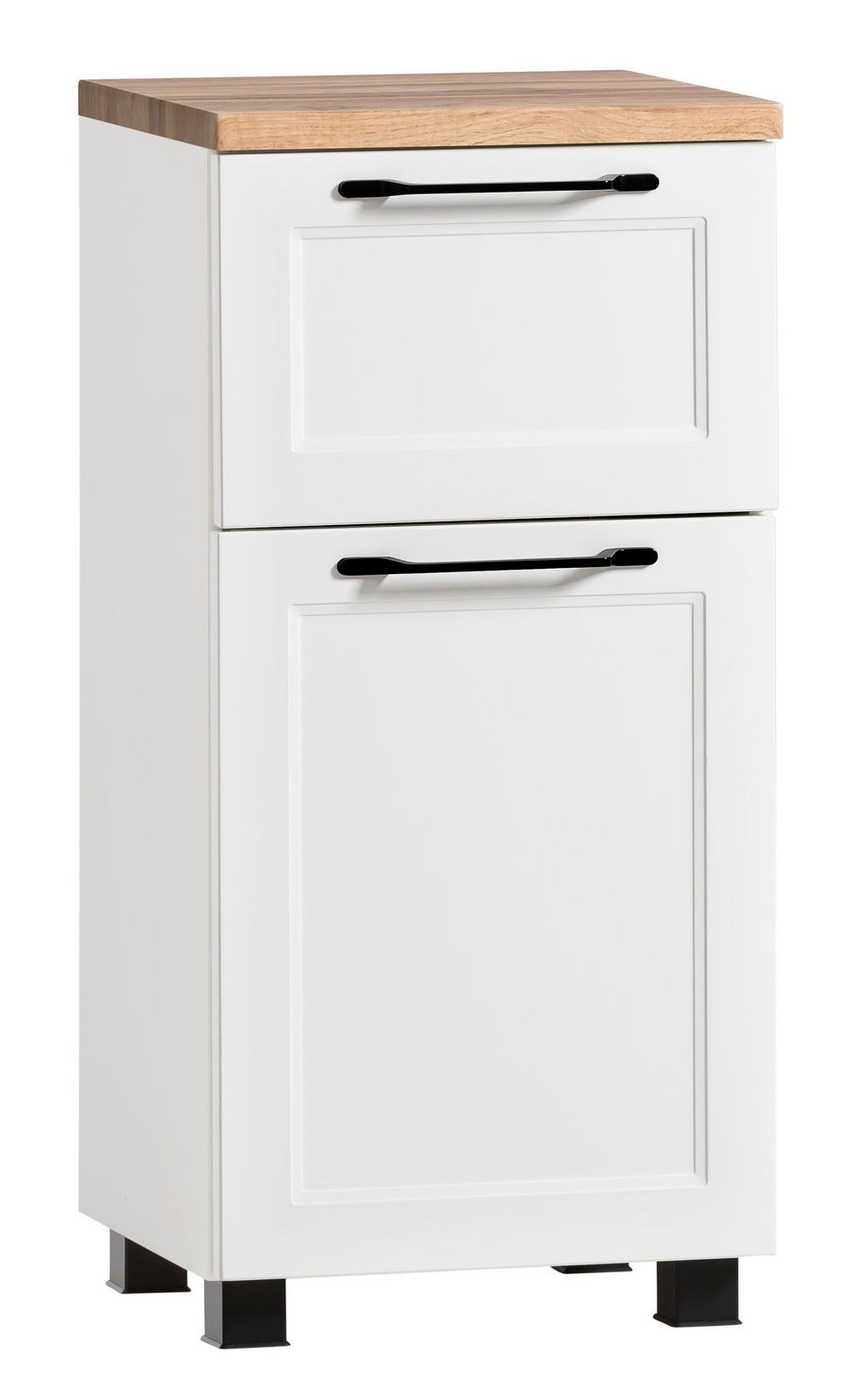 XORA Unterschrank MERAN Weißer Unterschrank mit Holzplatte und schwarzen Griffen, Frontalansicht