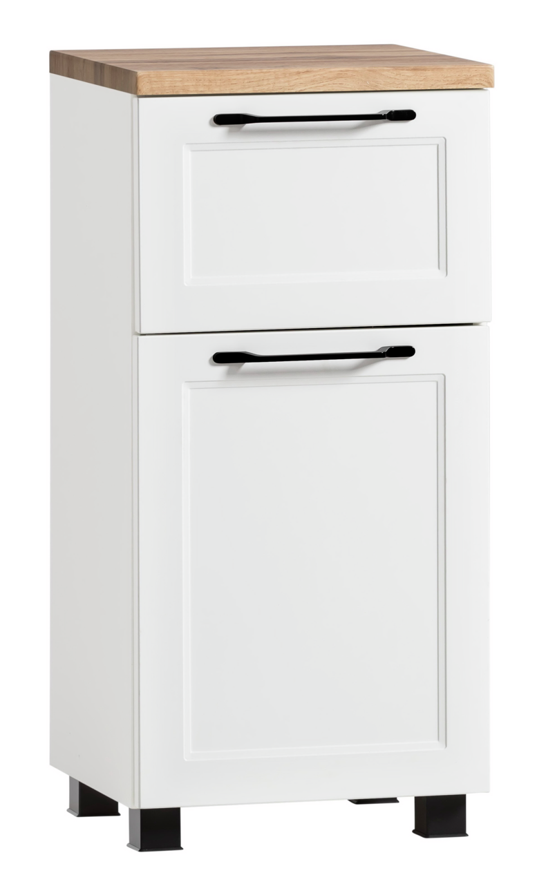 XORA Unterschrank MERAN Weißer Unterschrank mit Holzplatte und schwarzen Griffen, Frontalansicht