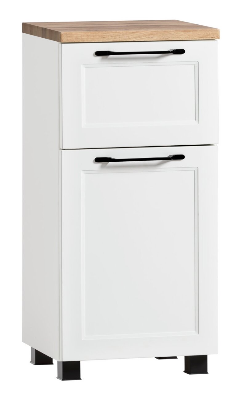 XORA Unterschrank MERAN Weißer Unterschrank mit Holzplatte und schwarzen Griffen, Frontalansicht