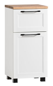 Weißer Unterschrank mit Holzplatte und schwarzen Griffen, Frontalansicht