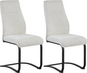 Zwei moderne Polsterstühle in hellbeigem Stoff mit schwarzem Freischwinger-Metallgestell, frontal in leichter Seitenansicht vor weißem Hintergrund.