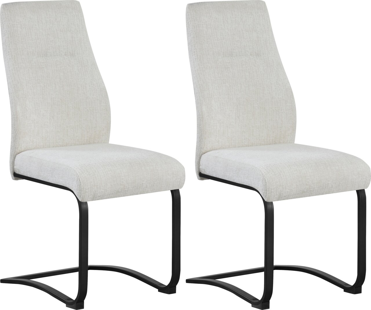 Zwei moderne Polsterstühle in hellbeigem Stoff mit schwarzem Freischwinger-Metallgestell, frontal in leichter Seitenansicht vor weißem Hintergrund.