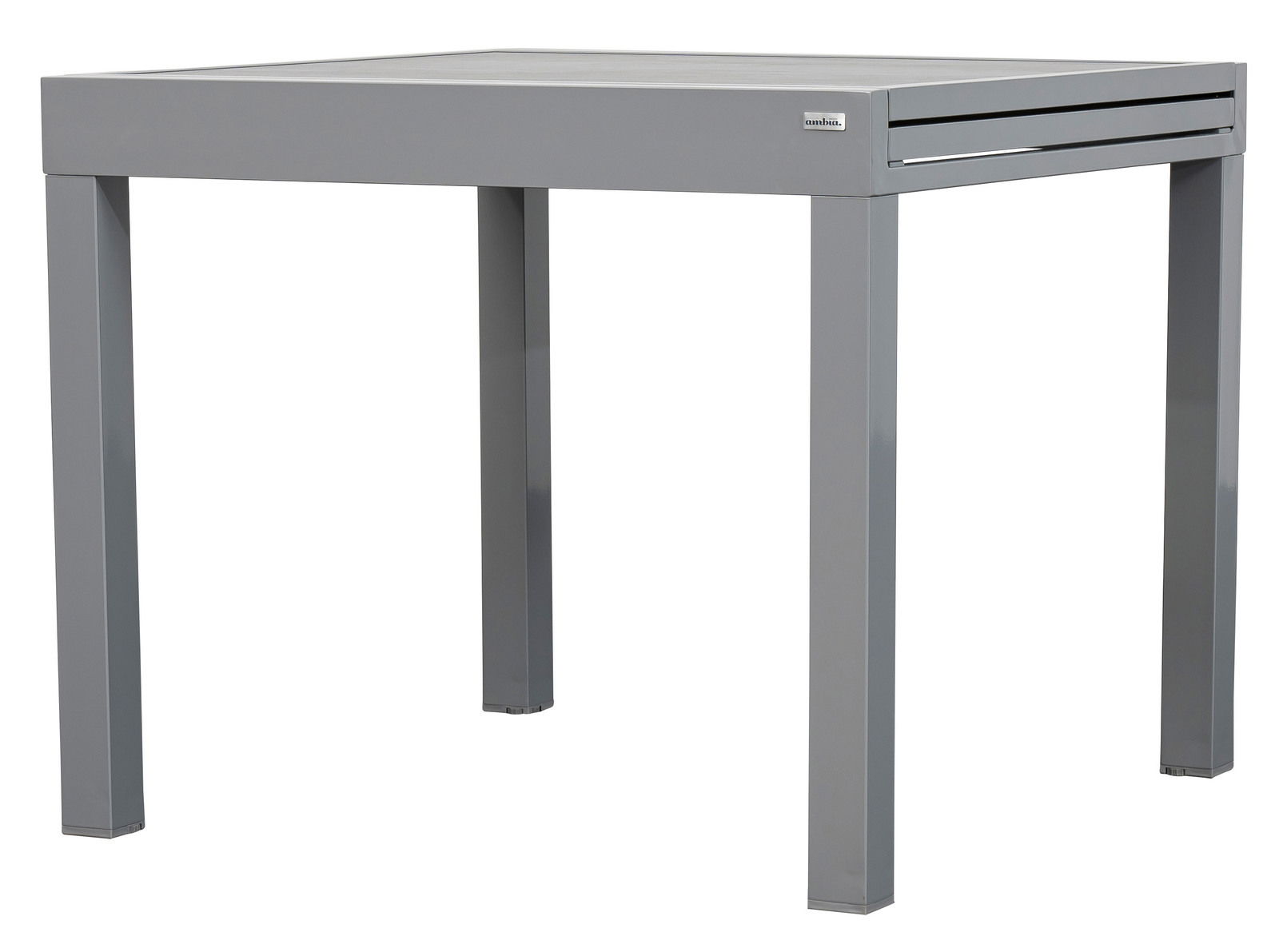 Moderner grauer Gartentisch aus Metall, seitliche Perspektive