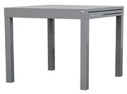 Moderner grauer Gartentisch aus Metall, seitliche Perspektive