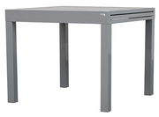 Moderner grauer Gartentisch aus Metall, seitliche Perspektive