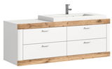 Moderner Waschbeckenunterschrank mit vier Schubladen in Weiß und Holzoptik, seitliche Perspektive