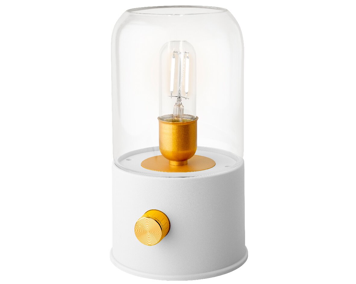 Moderne LED Lampe mit goldenen Akzenten und Glasabdeckung, seitliche Perspektive