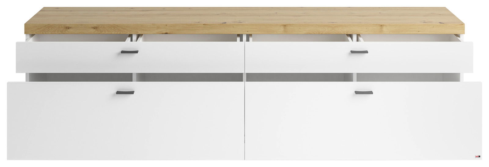 TV-Lowboard in Frontalansicht mit weißem Korpus und Holzoberfläche, offene Schubladen