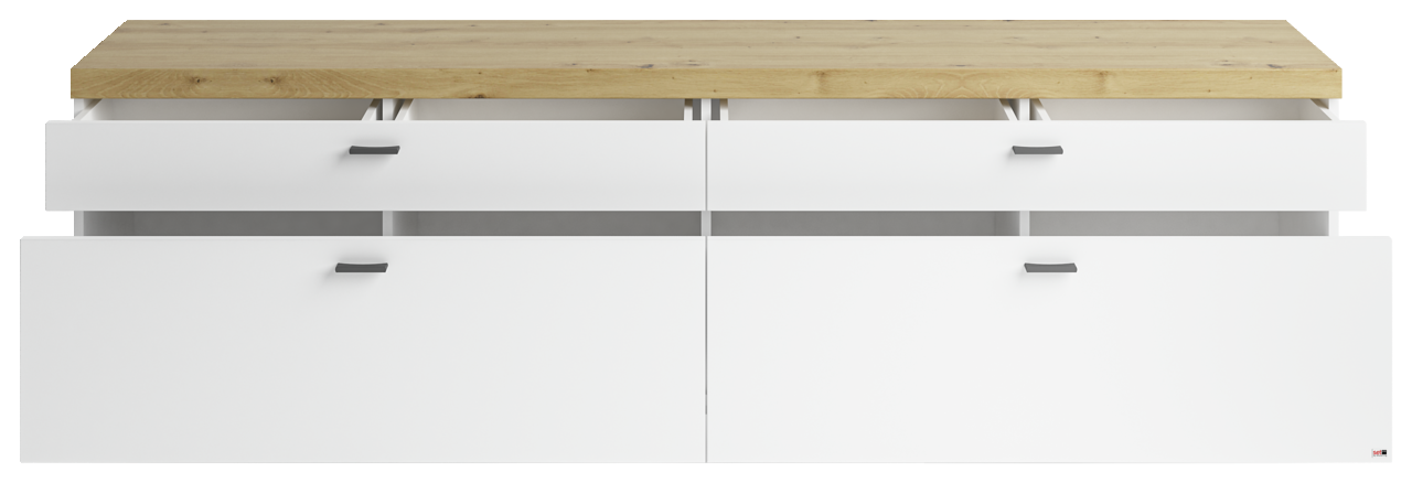 Set one by Musterring TV-Lowboard SET ONE LANCASTER TV-Lowboard in Frontalansicht mit weißem Korpus und Holzoberfläche, offene Schubladen