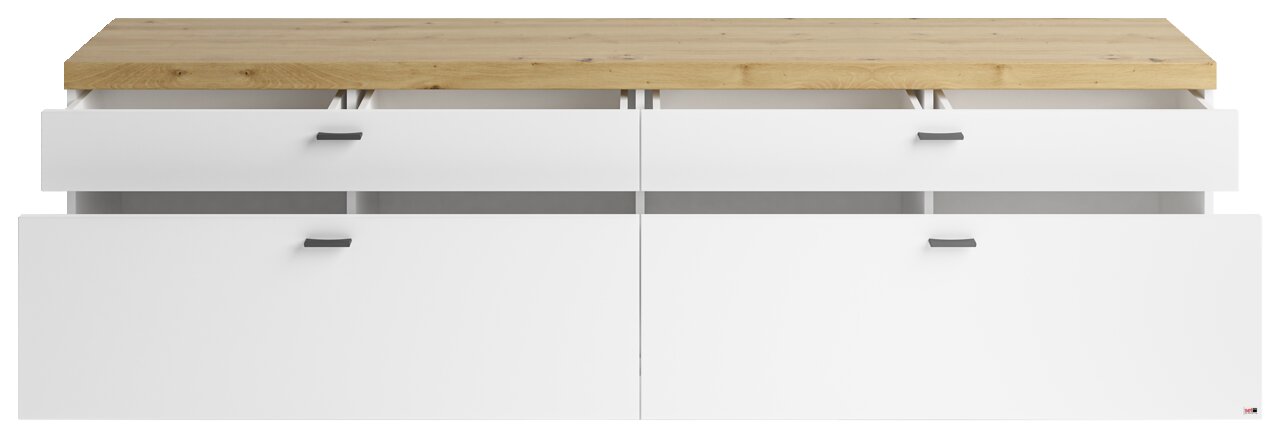 TV-Lowboard in Frontalansicht mit weißem Korpus und Holzoberfläche, offene Schubladen