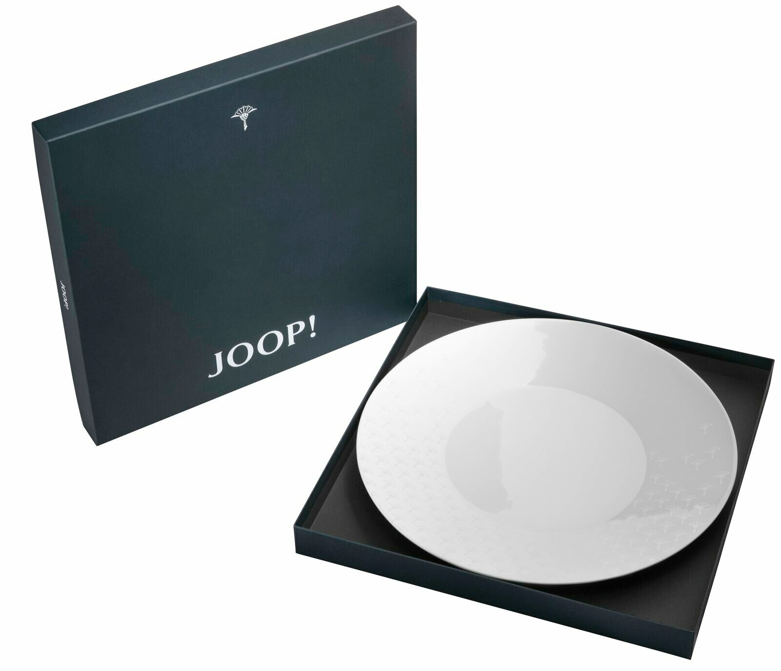 JOOP! Platzteller DINING GLAMOUR Eleganter Platzteller in Weiß mit dezentem Muster, präsentiert in einer hochwertigen Geschenkbox von oben betrachtet.