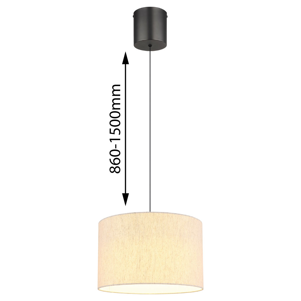 Hängeleuchte mit zylindrischem Lampenschirm in beige, von der Seite betrachtet, mit verstellbarer Höhe von 860 bis 1500 mm.