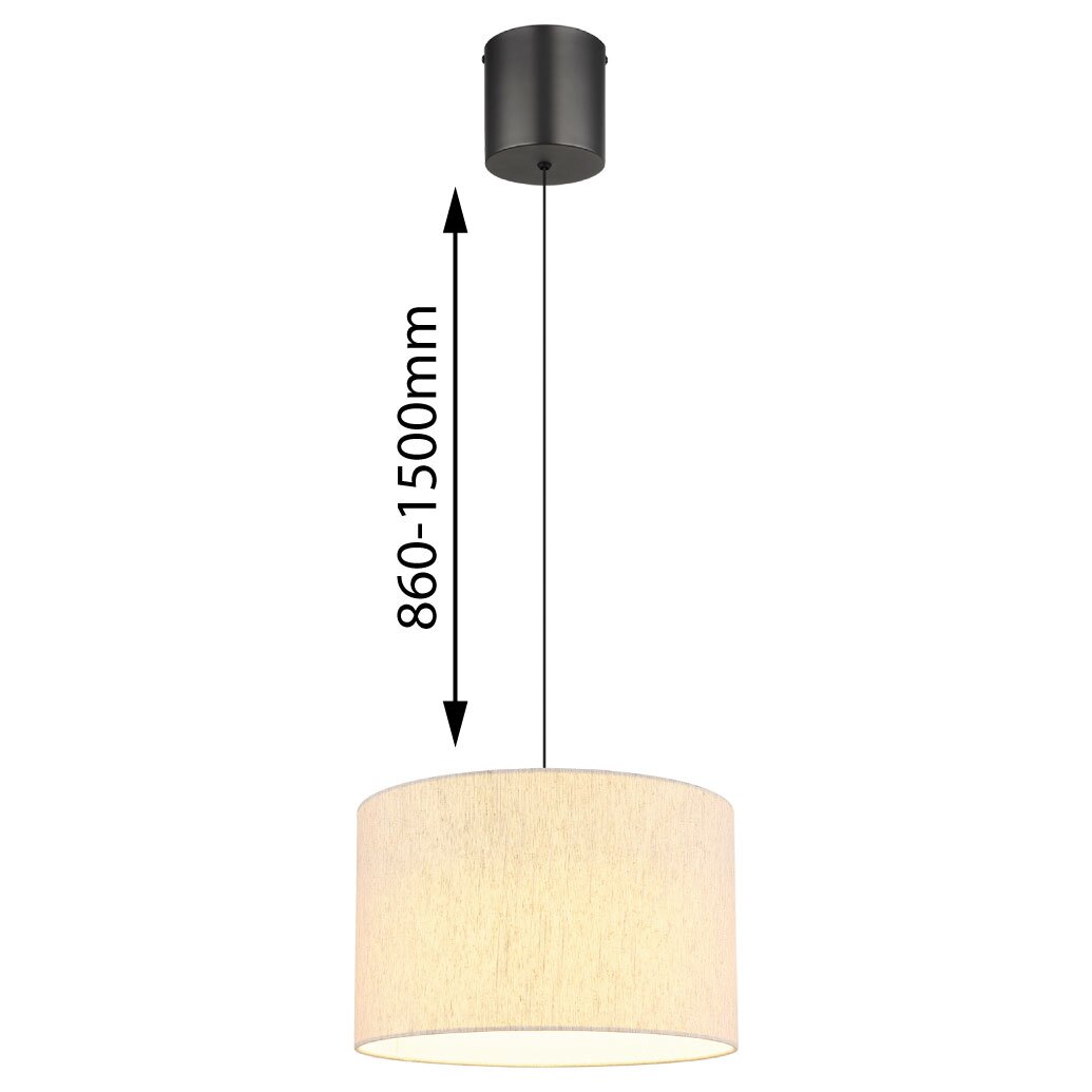 Hanglamp met cilindrische lampenkap in beige, gezien vanaf de zijkant, met een verstelbare hoogte van 860 tot 1500 mm.