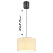 Hanglamp met cilindrische lampenkap in beige, gezien vanaf de zijkant, met een verstelbare hoogte van 860 tot 1500 mm.
