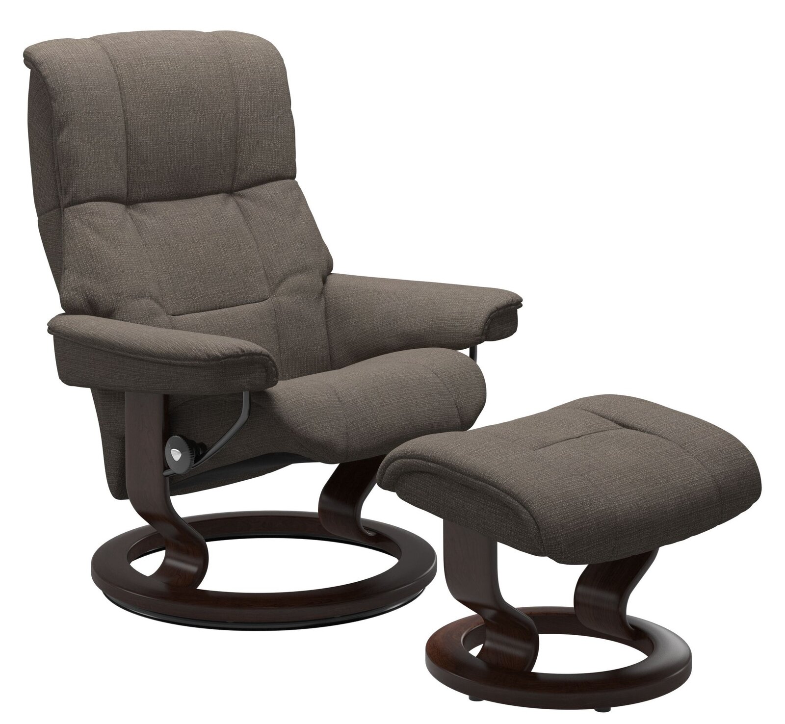 Stressless Hocker RENO Stressless Hocker RENO in seitlicher Perspektive mit passendem Sessel, beide in grauem Stoff und dunklem Holzgestell.