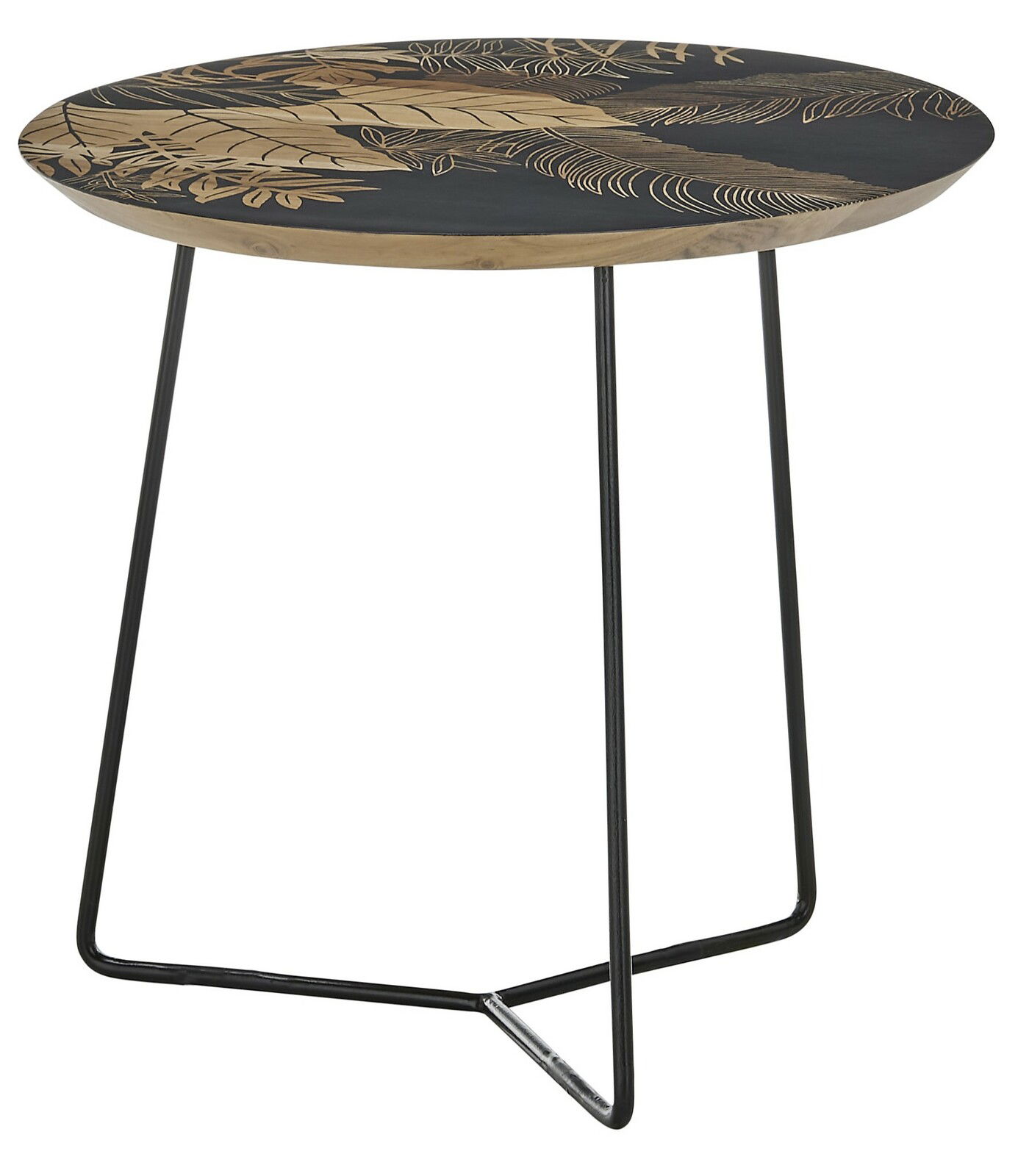Runder Beistelltisch mit schwarzer Tischplatte und goldenen Blattmustern, seitliche Perspektive