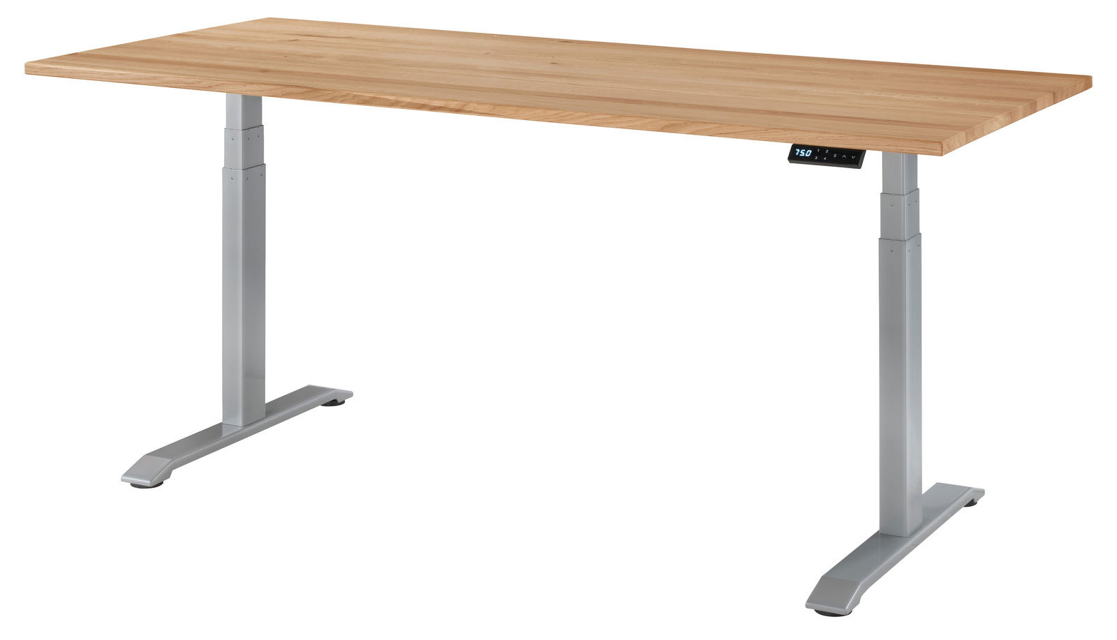 Linea Natura E-bureau DURABLE OFFICE Moderner höhenverstellbarer E-Schreibtisch mit Holzplatte und grauem Metallgestell, seitliche Perspektive